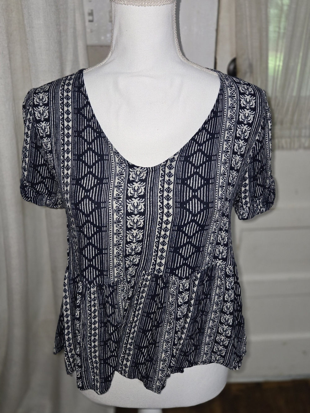 Everly Navy and White Printed V-Neck Peplum Tunic